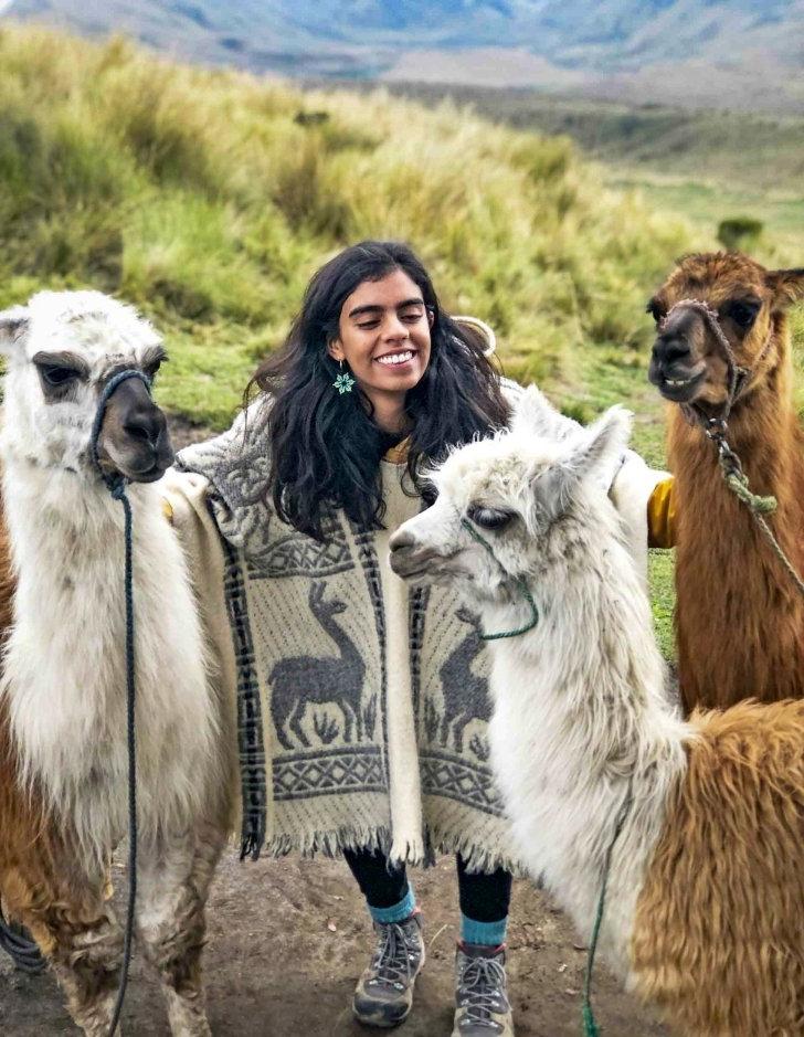 pitzer student poses with alpacas in Ecuador